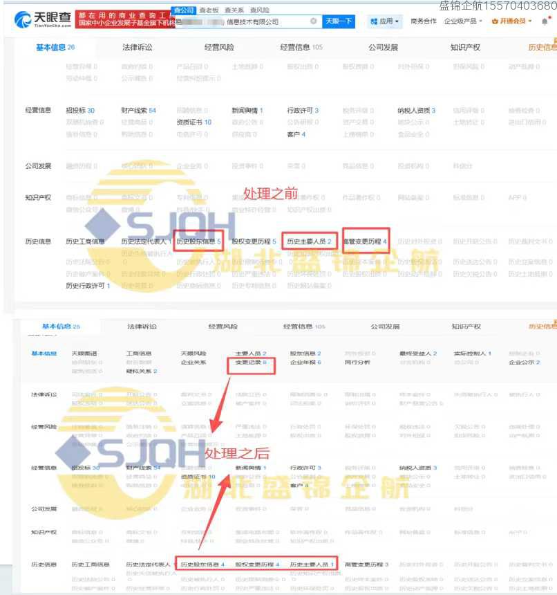 天眼查历史股东、历史变更进程、历史主要人员记录处理案例